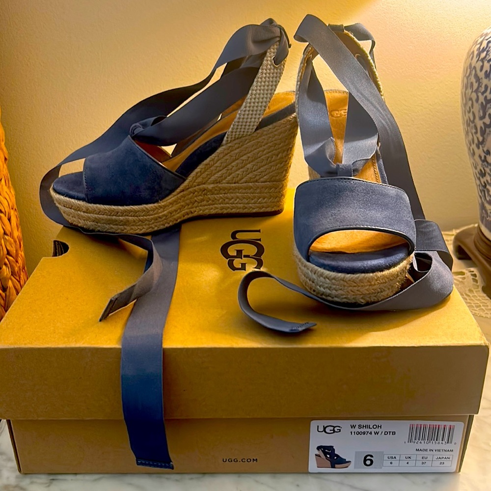Ugg Shiloh wedge espadrilles. Blue suede with ribbon tie.